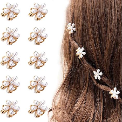 10 mini pinzas para el cabello con perlas y flores – Pinzas para flequillo – Aptas para mujeres y niñas (1/4)