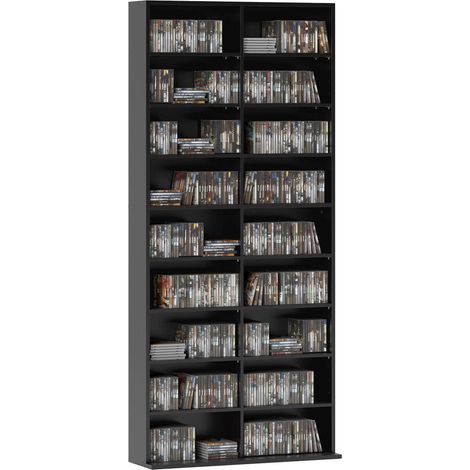Étagère CD DVD Meuble de Rangement Multimédia 18 Compartiments 14 Tablettes Réglables 640 CD 360 DVD Noir 78,5 x 24 x 175 cm (1/5)
