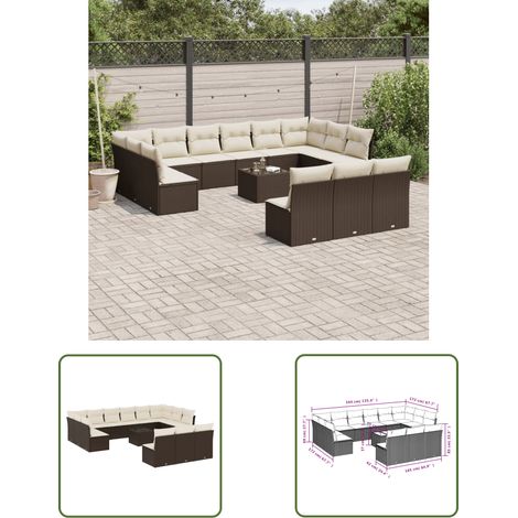 vidaXL 14-tlg. Garten-Sofagarnitur mit Kissen Braun Poly Rattan