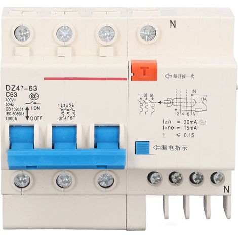3-poliger 63-A-Leistungsschalter (220 V) mit Überlast-, Kurzschluss- und Fehlerstromschutzschalter für 50/60 Hz (1/5)