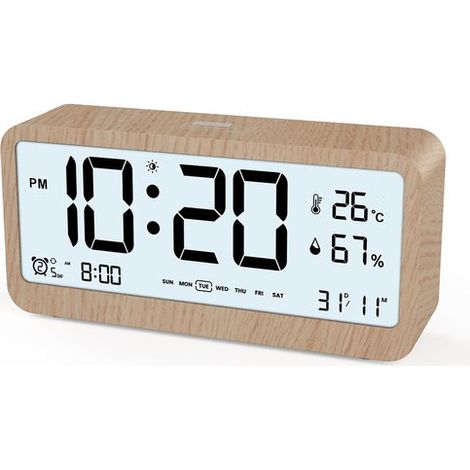 Réveil numérique intelligent avec veilleuse, affichage de la température et de l'humidité, double alarme et fonction snooze, facile à utiliser (1/5)