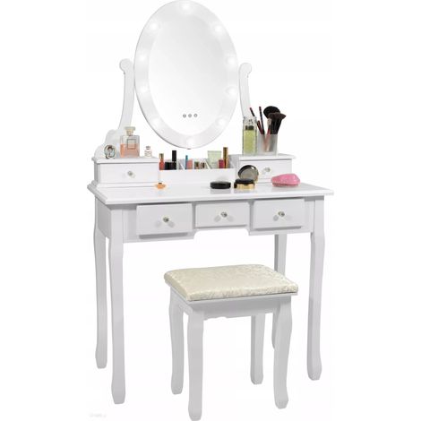 Tocador de madera blanca - con espejo con luz LED - con taburete a juego - 80x40x137 cm