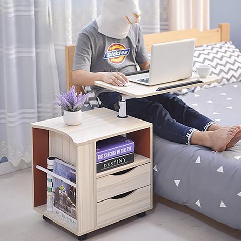 Nachtschränkchen mit Schublade - Abnehmbarer Hubtisch, Multifunktions Verstellbarer Drehbarer Tisch mit Schubladen und Rollen (1/5)