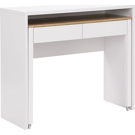 Vente-Unique – Bureau console extensible 100 cm avec 2 tiroirs – Mélaminé blanc et naturel – Piètement en acier – Tablette coulissante intégrée (1/5)