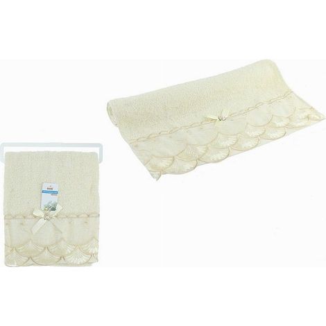 Cleafe - Asciugamano Bagno Viso Cotone Morbido Decorato 48x93 Cm 180gr Beige Chiaro 79503 - (1/2)