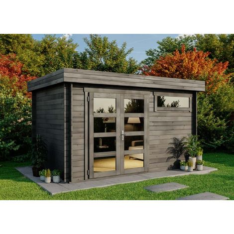 ECO Set - Abri de jardin Leandro gris Gris Imprégné, 28 mm Épaisseur paroi 394 x 268 cm