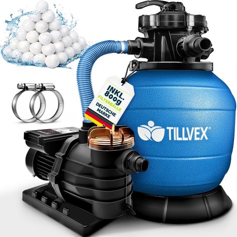 tillvex Sandfilteranlage Pool mit Timer 10 m³/h inkl. 800g Filterbälle Blau  Filteranlage 7-Wege Ventil & 2in1 Adapter Ø32mm - 38mm  Poolfilter mit Druckanzeige  Sandfilter für Schwimmbecken