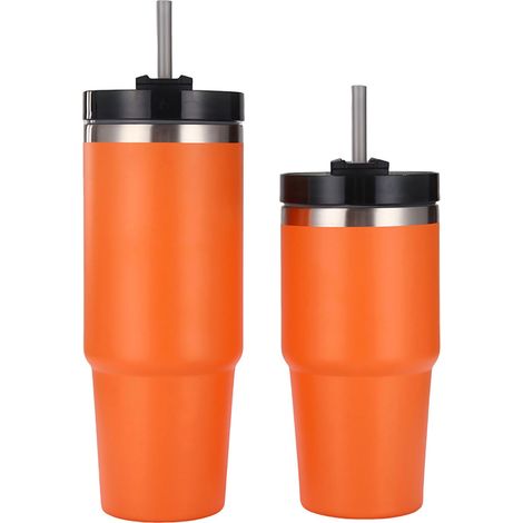 Edelstahl-Reisebecher mit Strohhalm, hält Kaffee heiß/kalt, Orange, 887 ml