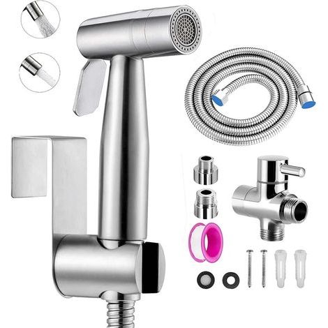 Kit Douchette wc,Pulvérisateur de toilette pour bidet,jet à deux fonctions, facile à installer, Pulvérisateur pour L'hygiène Personnelle Quotidienne, Jeu de Tuyaux Mural (Argent) (1/5)