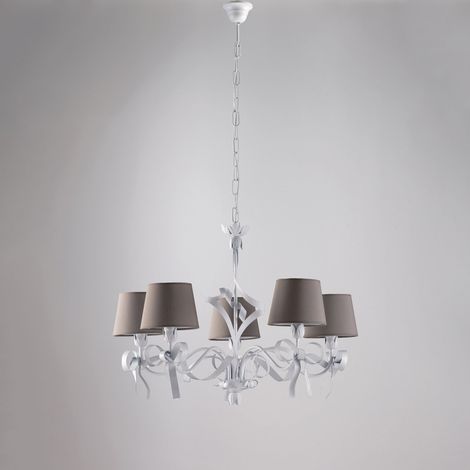 Lampadario Shabby Chic Lucy Bianco 5 Luci Paralumi Tortora (1/4)
