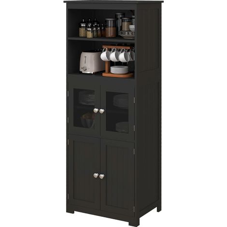 Buffet de cuisine avec vitrine et multi-rangements, 60 x 30 x 162 cm, noir (1/5)