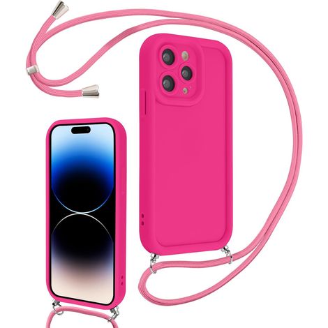 Coque pour iPhone 14 Pro 6,1" avec Cordon de Collier Réglable, Etui Protection de la Caméra Silicone Souple TPU Antichoc Housse avec Corde Lanyard Cover pour Femmes Filles, Rose Rouge (1/5)