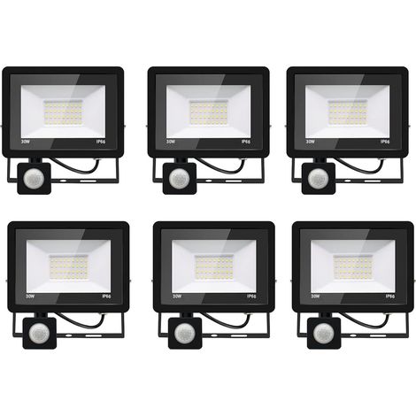 6PACK - Projecteur LED 30W Avec Détecteur de Mouvement, Blanc Froid (6000K) 3000LM, Extérieur Imperméable IP66 Pour Sécurité, Garage, Couloir