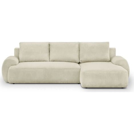 Canapé d'angle convertible 4/5 places – Velours côtelé beige – Coffre de rangement – Structure en pin massif – L 264 x H 84 x P 99/145 cm (1/5)
