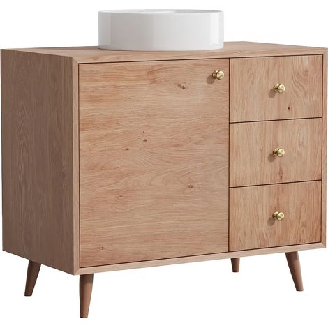 Mobile da bagno in rovere massello con lavabo da appoggio rotondo Naturale chiaro 93 cm - ZARENO (1/5)