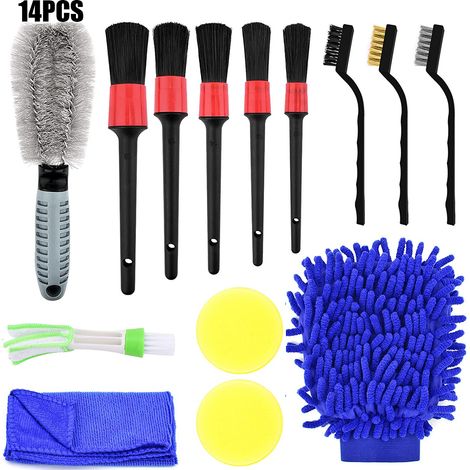 Lot de Brosse Nettoyage Voiture, 14 PCS Kit de Brosse Nettoyage Voiture Multifonctionnelle pour Intérieur & Extérieur, Kit de Nettoyage Brosse de Voiture pour Voiture Beauté/Moteur/Roue/Panneaux (1/5)