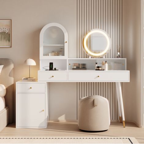Schminktisch mit LED-Spiegel, Type-C- & USB-Anschluss sowie 2 Steckdosen, flexibles L-Form-Design mit Glasplatte, Weiß. 140 (verstellbar) 40 140 cm (1/5)