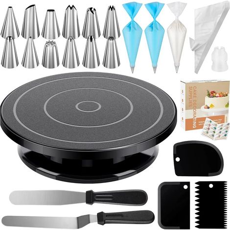 Kit de décoration de gâteaux 71 pièces : plateau tournant, 12 douilles numérotées, 2 spatules, 3 peignes à pâtisserie, 52 poches à douille et 1 moule à gâteau (1/5)