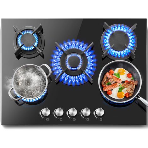 Plaque de cuisson gaz 5 feux 70 cm – Brûleurs haute performance – Puissance 10 400 W – Énergie gaz naturel et propane – Encastrable noire