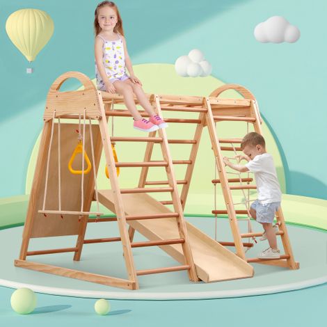 Structure d'Escalade Enfant 7-en-1 en Bois Massif Hêtre, Multifonction avec Balançoire Toboggan et Anneaux, Certifiée EN71, pour Intérieur et Extérieur, Âge 3 Ans et Plus (1/5)