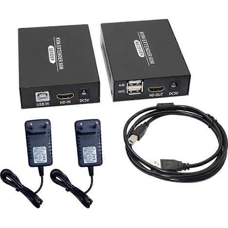 Extendeur KVM compatible HDMI 60 m, émetteur-récepteur Ethernet KVM USB compatible HDMI, prise UE (1/4)