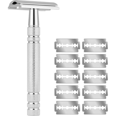 Rasoir De Sûreté, Rasoir de Sécurité en Acier Inoxydable pour Visage et Corps avec 10 lames à double tranchant, Rasoir Manuel Safety Razor Homme et Femme pour un Rasage Net et Lisse (1/5)