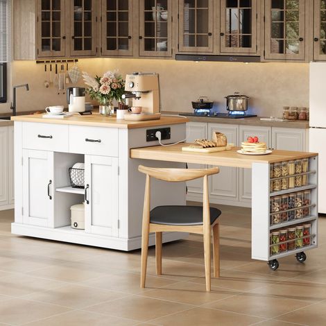 Îlot cuisine extensible 132-235 cm bar coulissant table escamotable étagères réglables (1/5)