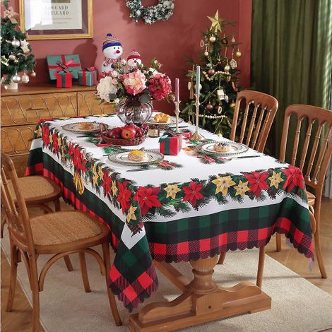 Nappe de Noël rectangulaire en polyester imperméable, imprimée numériquement, 17150 x 180 cm, 400 g/m², idéale pour les fêtes et les réunions de famille. (1/5)