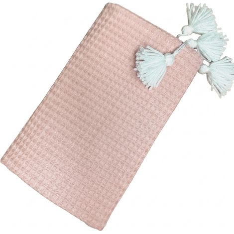 Manta / manta de gofre 75x100 Colección Boho rosa empolvado, pompones blancos (1/4)