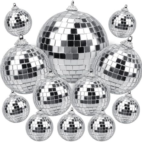Boule à Facettes - Lot de 12 - Verre et Métal - Effet Miroir - Suspension Fête - 10/7/5/3/2 cm (1/5)
