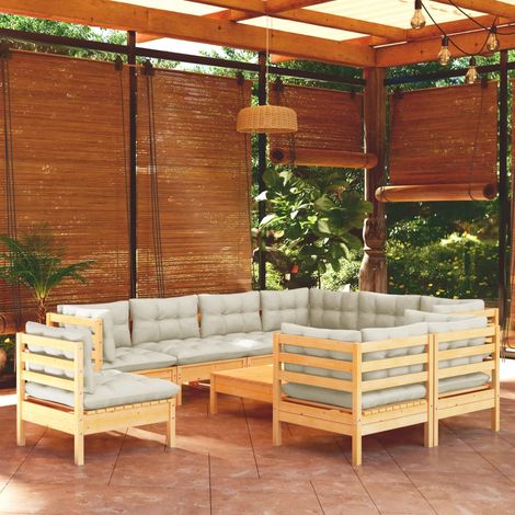 FIMEI Salon de jardin 10 pcs avec coussins crème Bois de pin solide (1/5)