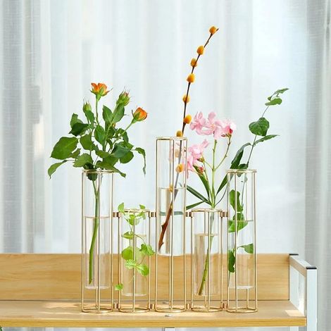 Lot de 5 Tubes à Essai pour Fleurs Vase en Verre Avec Support en Métal Hydroponique à Charnière Ensemble de Centre de Table pour Décoration d'Intérieur (1/5)