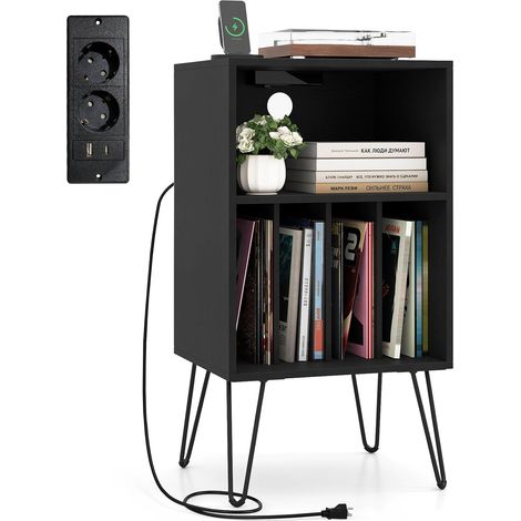 COSTWAY Meuble Tourne-Disque Vinyle avec Prise, Support Platine Vinyle avec Station de Charge,2 Prises,1 USB,1 Type-C,Pieds en Métal, Meuble Rangement HiFi pour Salon Chambre(Noir) (1/5)