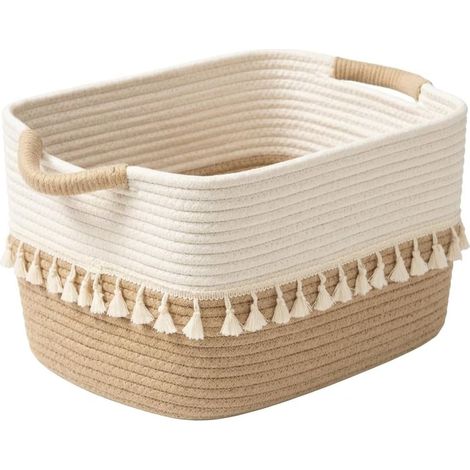 Paniers de rangement 38 x 25 x 22 cm – Panier de rangement tressé avec pompons, panier à jouets avec poignée, organisateur en corde pour salon, paniers de salle de bain, organisateur décoratif en cord (1/5)