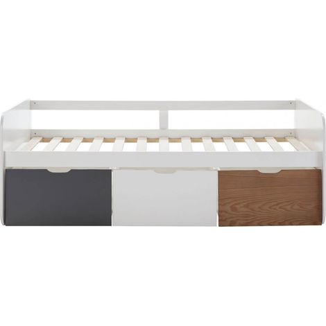 ZELLA - Lit 90x190cm + 3 Tiroirs Blanc, Gris et Effet Bois (1/5)