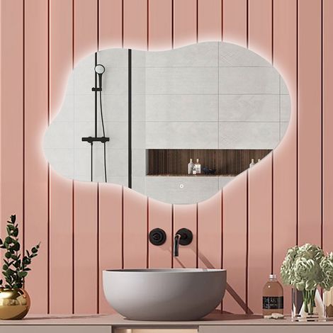 Biubiubath Miroir de salle de bain Forme Nuage Lumineux 100×66cm, rétro-éclairage, Design Asymétrique, 3 Couleurs + Dimmable + Anti-buée + Mémoire