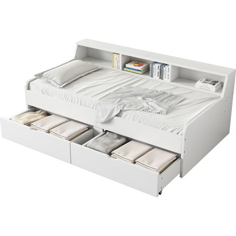 Lit de repos 90 x 200 cm avec 2 tiroirs et rangements latéraux, blanc, structure en pin et MDF, idéal pour chambre d'amis - CHICFURN (1/5)