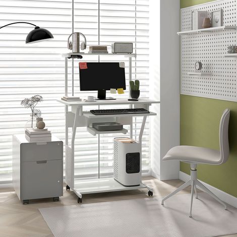 Rollbarer Computertisch mit Ablagefächern, Arbeitsplatz und Tastaturablage, 80 x 50 x 130 cm, weiß (1/5)
