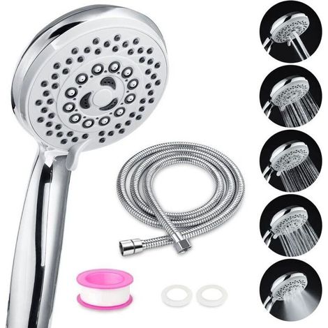 Pomme de douche haute pression avec tuyau universel 2 m – 5 modes de pulvérisation, montage facile sur baignoire ou receveur