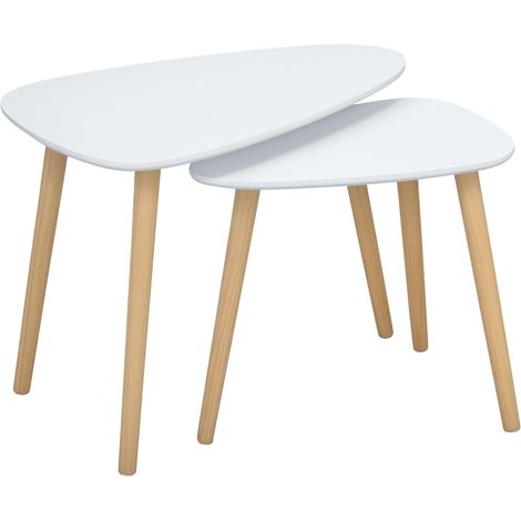 Nesting Coffee Table, Set of 2 Side Tables, Stacking End Tables with Solid Wood Legs, for Living Room Bedroom, White
