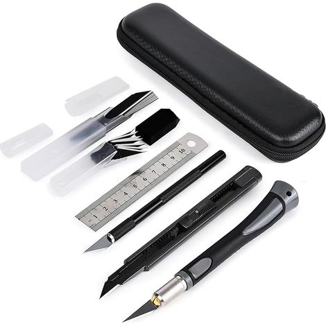 Kit de Cutter, Scalpel de Découpe Set - avec 2 Scalpel de Precision Différents, 1 Couteau Utilitaire de 9 mm, Règle en Acier et 20 Lames, pour Scrapbooking, Sculpture, Fabrication de Modèles (1/5)