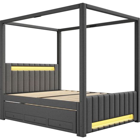Cama con dosel capitoné 140 x 200 cm con cama nido, 3 cajones y LED, gris, MODENUIT (1/5)