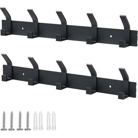 Wandgarderobe, 2-teiliges Set mit 5 Haken, Wandmontage, kein Bohren erforderlich, für Küche, Bad und Schlafzimmer (Schwarz) - Crezuo