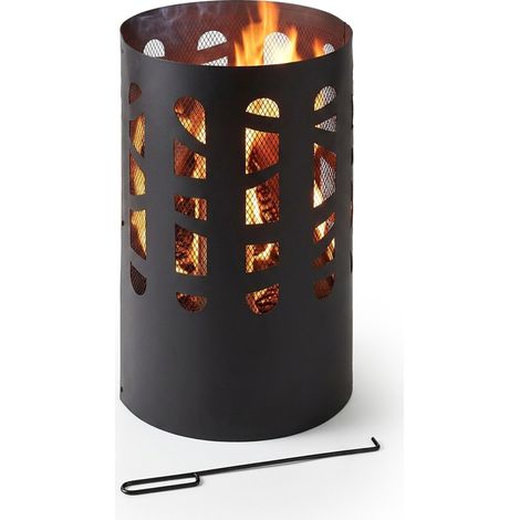 Relaxdays Feuertonne, Stahl, Feuerrost, Schürhaken, Funkenschutz, HxD: 60 x 37 cm, Feuerkorb Garten & Terrasse, schwarz (1/5)