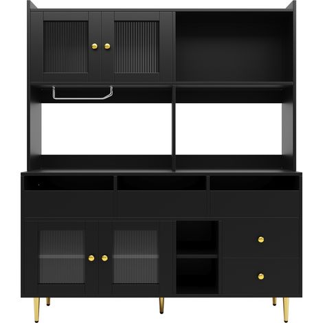 Buffet haut de salle à manger en MDF noir avec portes vitrées, porte-verres et étagères (1/5)