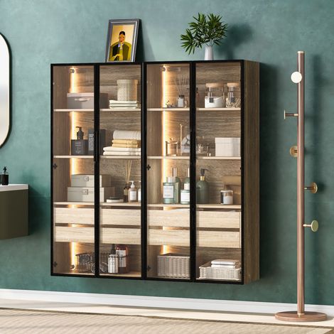 Lote de 2 armarios de baño 74x36x155 cm MDF natural, LED y almacenaje – MEUBLIV (1/5)