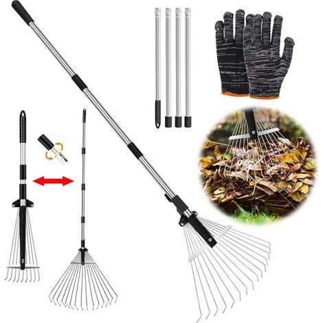 Adjustable Leaf Rake with Handle 215 cm and Gloves Metal leaf rake, garden rake, leaf rake for cleaning plants, lawn and yard (1/5)