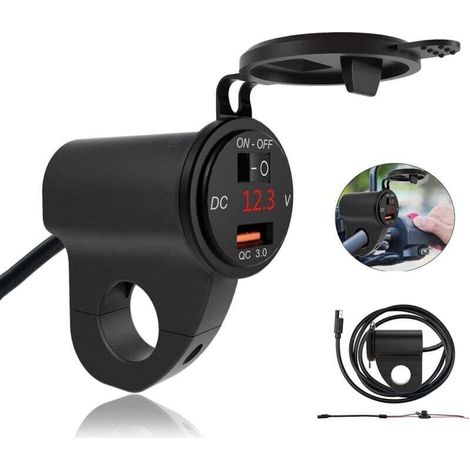 Chargeur de Téléphone Portable USB pour Moto, étanche 12V Chargeur de Voiture, avec voltmètre et Interrupteur indépendant, Convient aux guidons de Moto d'un diamètre de 2,2 cm (1/4)