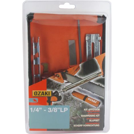Kit d'affûtage pour chaînes en 1/4 et 3/8 low-pro comprenant 2 manches de lime, 1 jauge de profondeur, 1 porte lime, 1 curette de guide, 1 lime ronde de Ø: 4,0mm et 1 lime plate - (Livré sous coque et