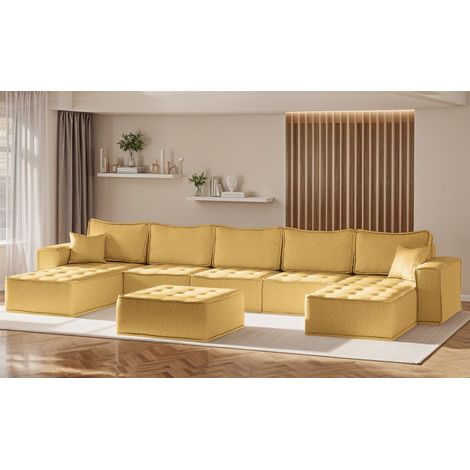 Wohnlandschaft Sofa U-Form Modulsofa-Set 6-teilig SANDE Stoff Raven Honiggelb (1/5)